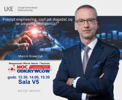 Plakat promujący wykład organizowany przez Urzad Komunikacji Elektronicznej